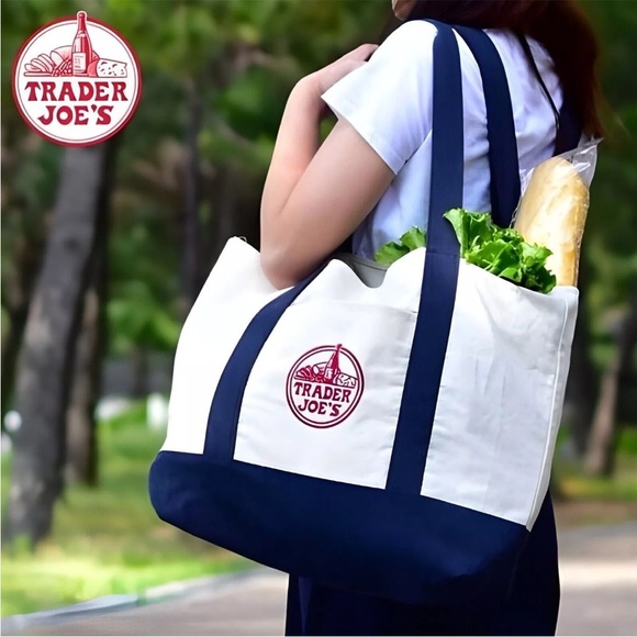 Lot of 2 Trader Joe’s Canvas Tote Bag Navy Red Grocery Shopping Eco Reusable NWT - Picture 10 of 10